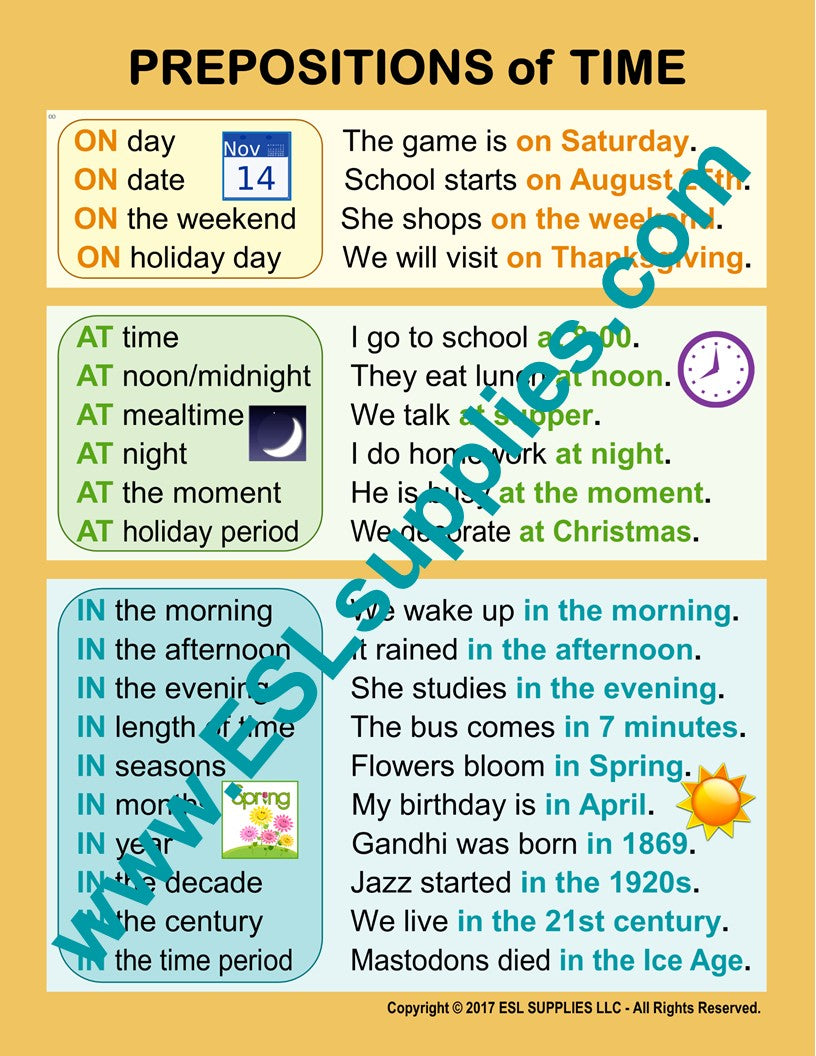 Prepositions of Time ESL Classroom Anchor Chart Poster 