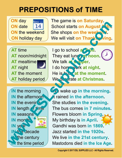 Prepositions of Time ESL Classroom Anchor Chart Poster