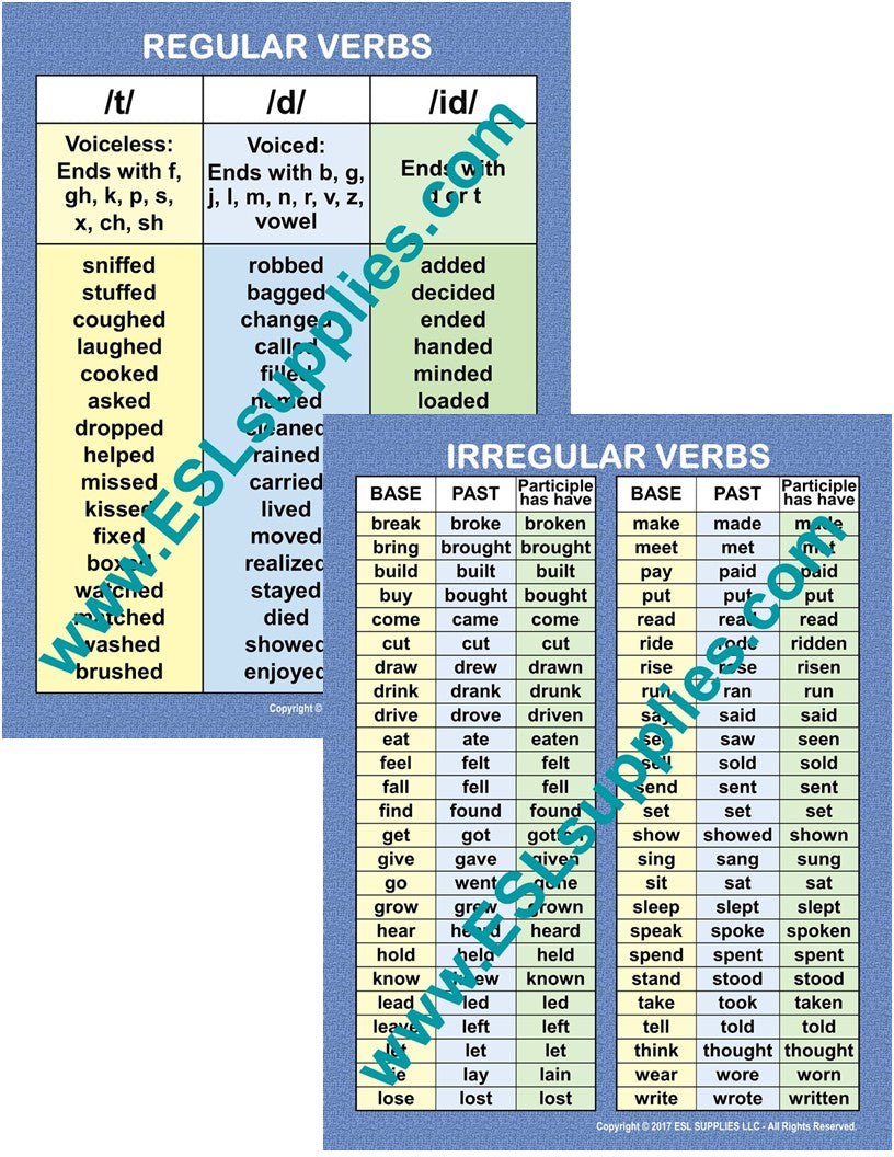  Regular & Irregular Verbs ESL English Grammar Classroom  Chart Poster Set