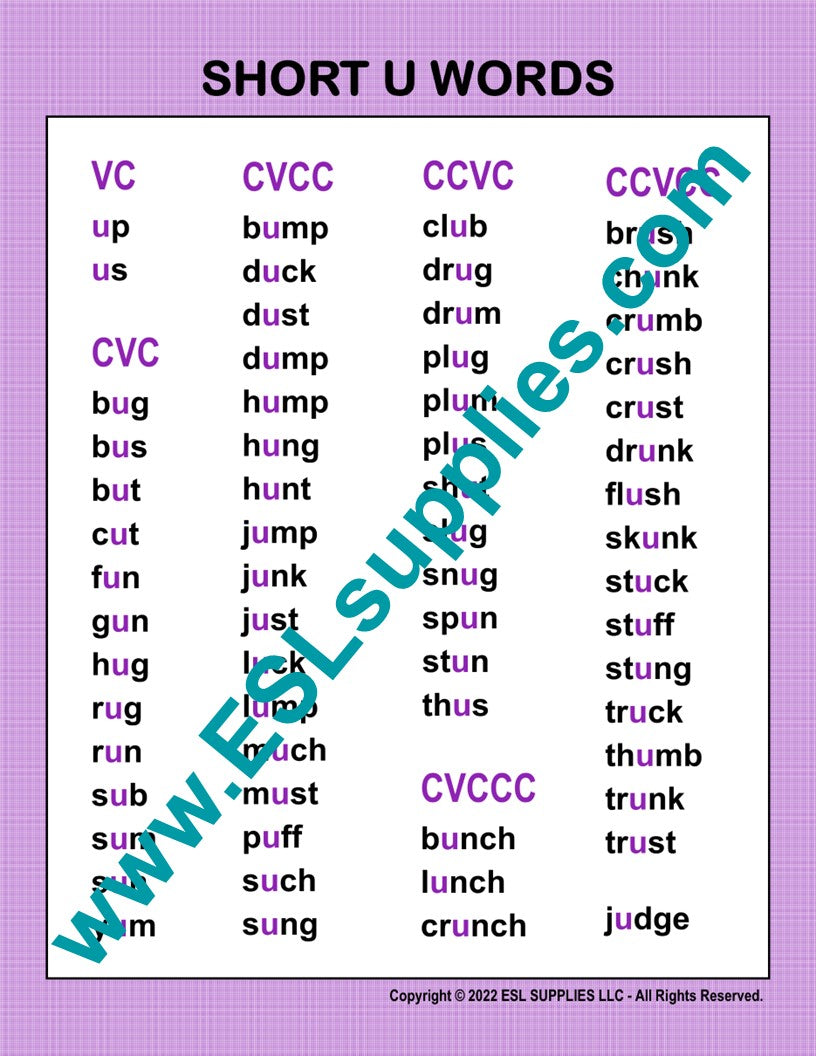 Short U Word List ESL Classroom Anchor Chart Poster