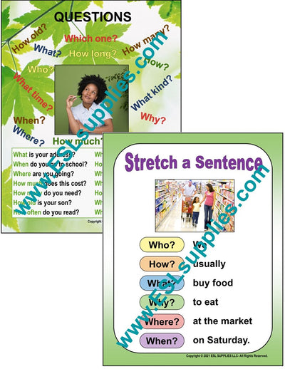 Questions & Stretch a Sentence ESL Classroom Anchor Chart Posters
