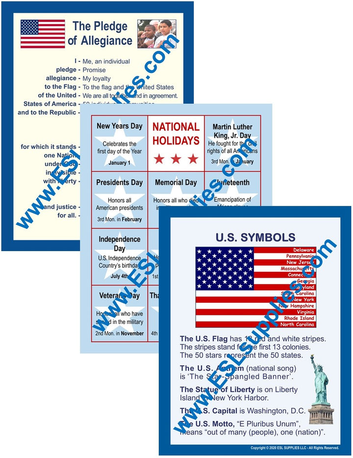 U.S. Symbols, Pledge, & National Holidays Citizenship Classroom Anchor Chart  Posters