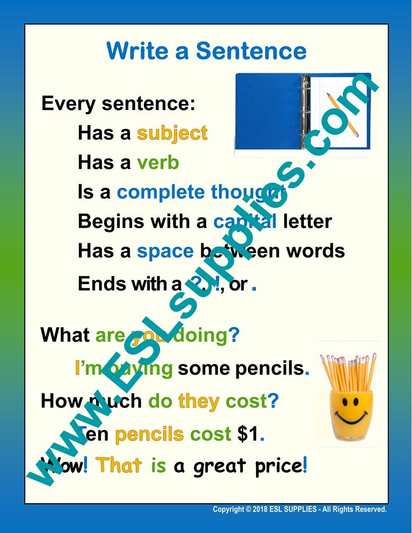 Basic Writing Set- ESL ELD English Writing Education Classroom Poster ...